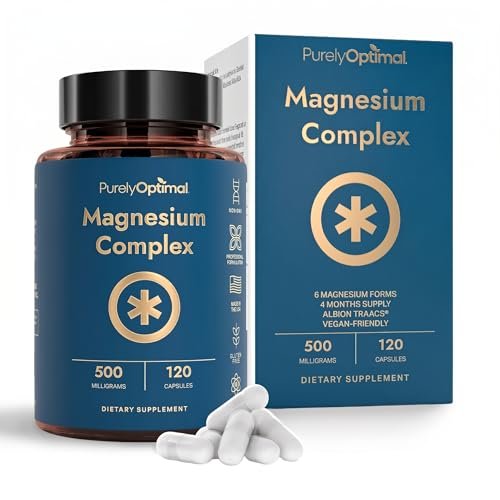 Purely Optimal Magnesium Komplex – 6 Formen Magnesiumglycinat, Citrat & Malat – Schlafunterstützung, Stressabbau, Muskeln, Herzgesundheit & Entspannung – Magnesiumpräparat für Frauen & Männer, 120 Kapseln