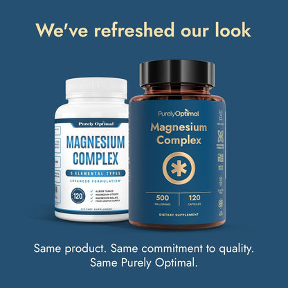 Purely Optimal Magnesium Komplex – 6 Formen Magnesiumglycinat, Citrat & Malat – Schlafunterstützung, Stressabbau, Muskeln, Herzgesundheit & Entspannung – Magnesiumpräparat für Frauen & Männer, 120 Kapseln
