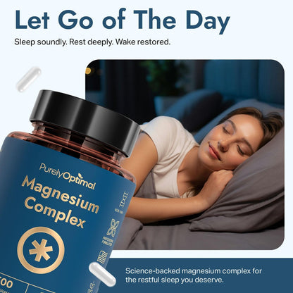 Purely Optimal Magnesium Komplex – 6 Formen Magnesiumglycinat, Citrat & Malat – Schlafunterstützung, Stressabbau, Muskeln, Herzgesundheit & Entspannung – Magnesiumpräparat für Frauen & Männer, 120 Kapseln
