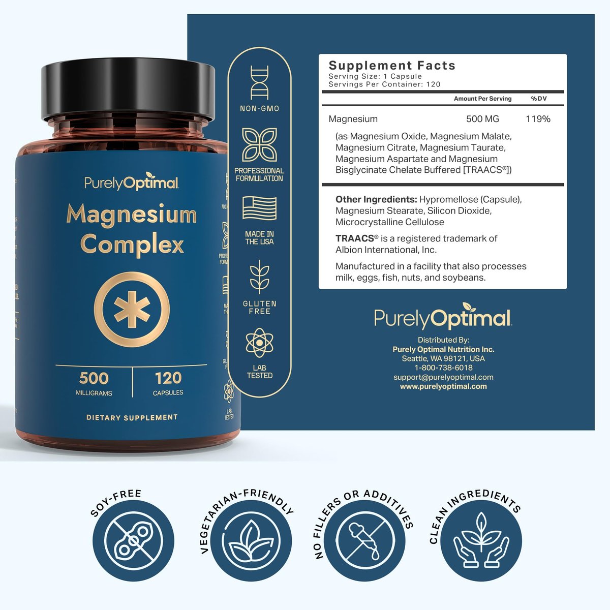 Purely Optimal Magnesium Komplex – 6 Formen Magnesiumglycinat, Citrat & Malat – Schlafunterstützung, Stressabbau, Muskeln, Herzgesundheit & Entspannung – Magnesiumpräparat für Frauen & Männer, 120 Kapseln