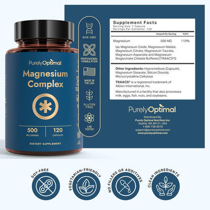 Purely Optimal Magnesium Komplex – 6 Formen Magnesiumglycinat, Citrat & Malat – Schlafunterstützung, Stressabbau, Muskeln, Herzgesundheit & Entspannung – Magnesiumpräparat für Frauen & Männer, 120 Kapseln