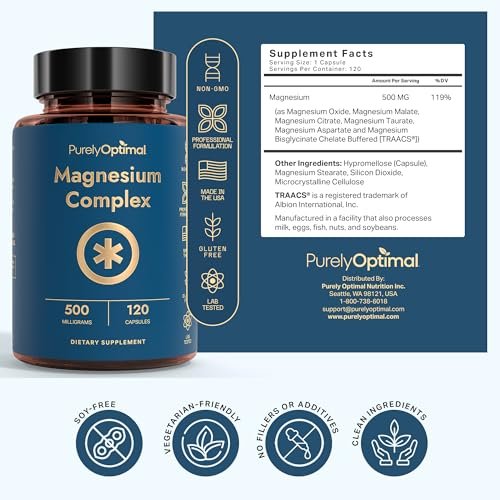 Purely Optimal Magnesium Komplex – 6 Formen Magnesiumglycinat, Citrat & Malat – Schlafunterstützung, Stressabbau, Muskeln, Herzgesundheit & Entspannung – Magnesiumpräparat für Frauen & Männer, 120 Kapseln