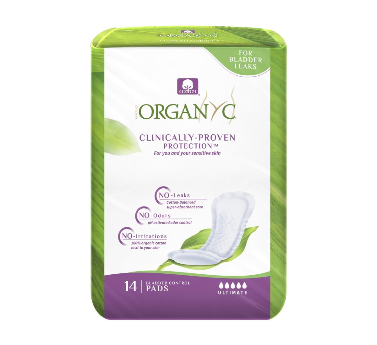 Organyc – 100 % Bio-Baumwoll-Inkontinenzeinlagen für leichte Blasenschwäche, Ultimate Flow, 14 Stück