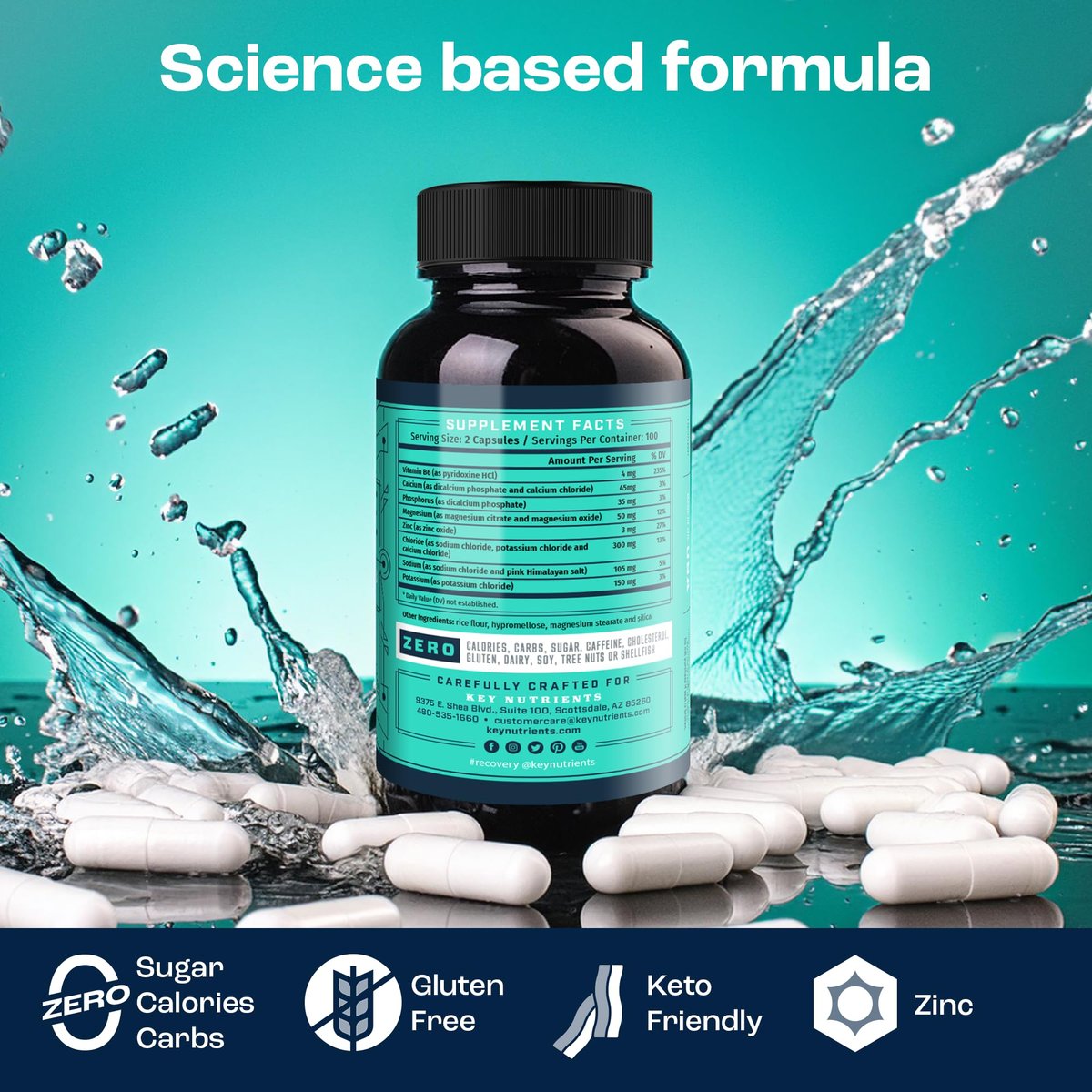 KEY NUTRIENTS Elektrolyt-Tabletten, 200 Kapseln, Salz gegen Dehydration, Fasten-Elektrolyte – Salzpillen mit Elektrolyten, ohne Zucker, glutenfreie Hydratationstabletten, hergestellt in den USA