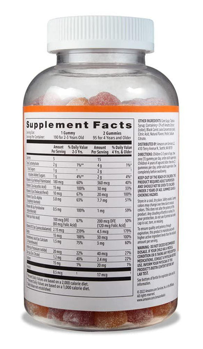 Amazon Basics Kinder-Multivitamin-Gummibärchen, Kirsch-, Erdbeer- und Orangen-Geschmack, 190 Stück