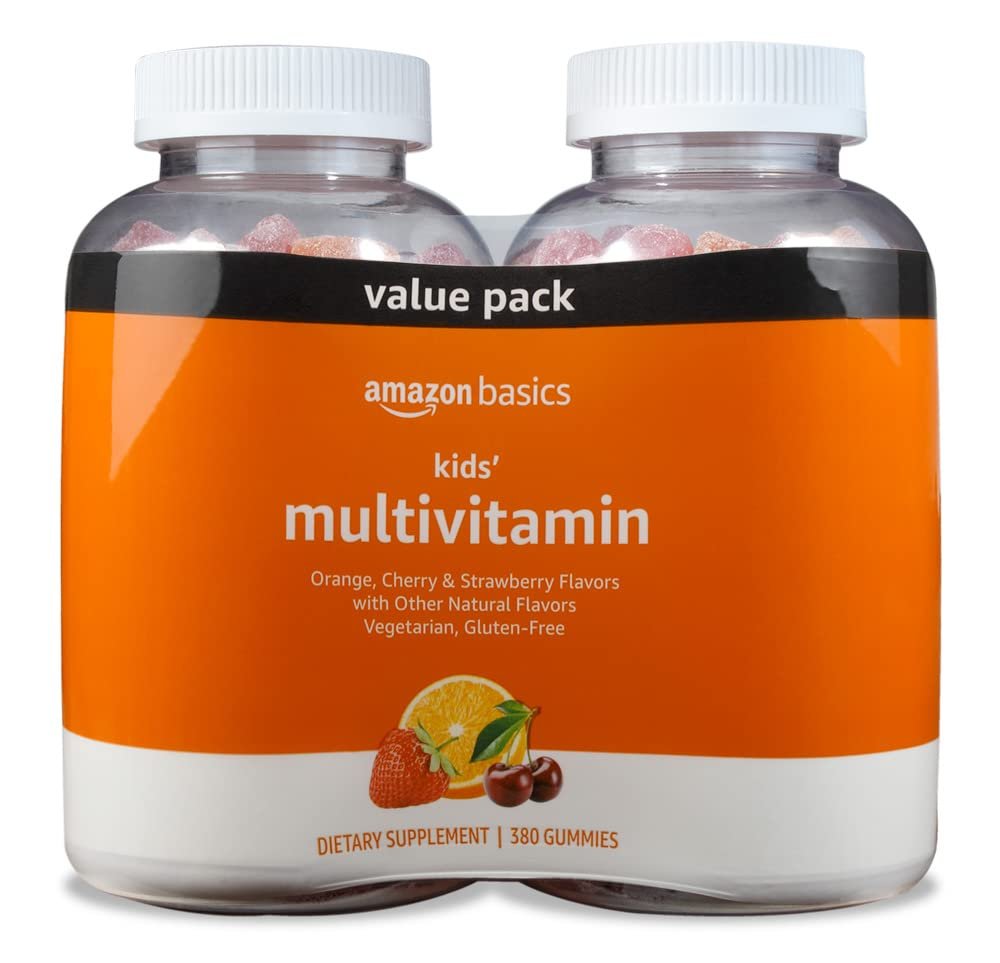 Amazon Basics Kinder-Multivitamin-Gummibärchen, Geschmacksrichtungen Kirsche, Erdbeere & Orange, 380 Stück, 2 Packungen à 190 (ehemals Solimo)