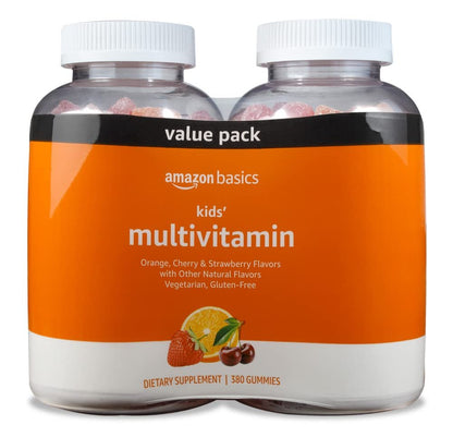 Amazon Basics Kinder-Multivitamin-Gummibärchen, Geschmacksrichtungen Kirsche, Erdbeere & Orange, 380 Stück, 2 Packungen à 190 (ehemals Solimo)