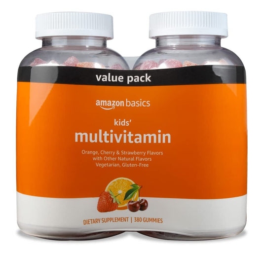 Amazon Basics Kinder-Multivitamin-Gummibärchen, Geschmacksrichtungen Kirsche, Erdbeere & Orange, 380 Stück, 2 Packungen à 190 (ehemals Solimo)