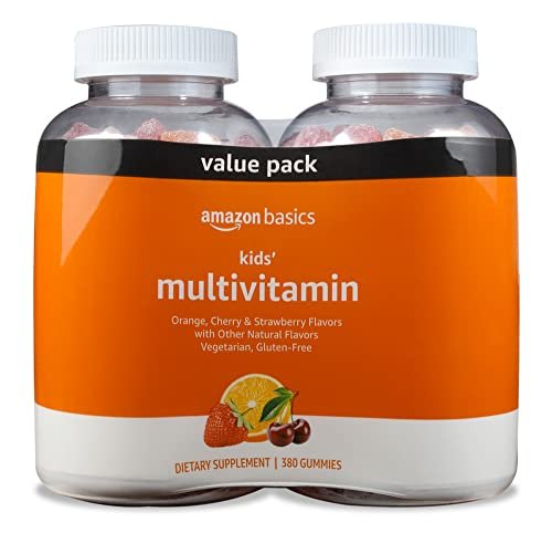 Amazon Basics Kinder-Multivitamin-Gummibärchen, Geschmacksrichtungen Kirsche, Erdbeere & Orange, 380 Stück, 2 Packungen à 190 (ehemals Solimo)