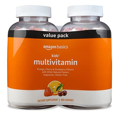 Amazon Basics Kinder-Multivitamin-Gummibärchen, Geschmacksrichtungen Kirsche, Erdbeere & Orange, 380 Stück, 2 Packungen à 190 (ehemals Solimo)