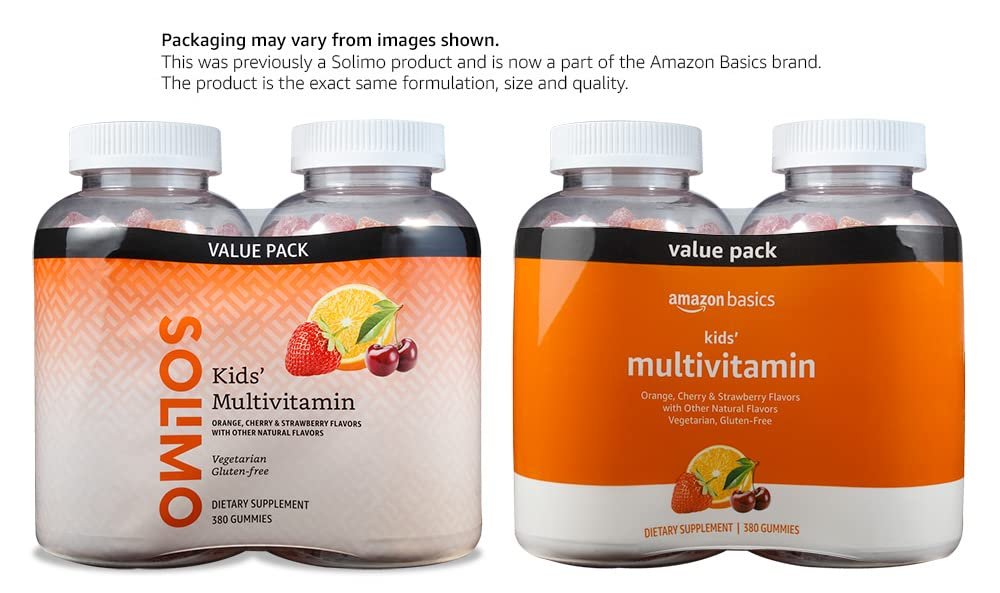 Amazon Basics Kinder-Multivitamin-Gummibärchen, Geschmacksrichtungen Kirsche, Erdbeere & Orange, 380 Stück, 2 Packungen à 190 (ehemals Solimo)