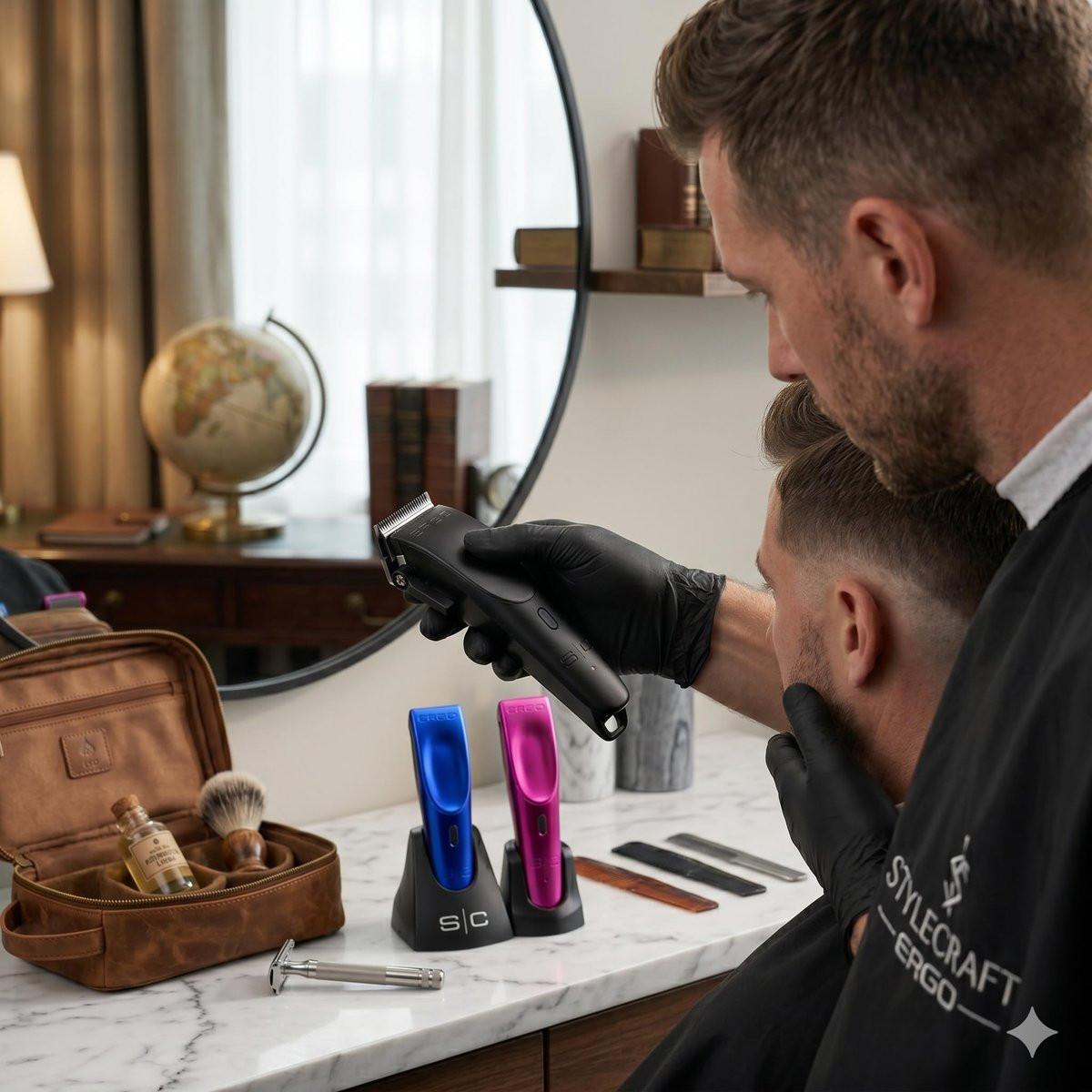 StyleCraft Ergo Professional Microchipped Magnetic Haarschneider mit 5 Aufsätzen, Ladestation und 3 farbigen Abdeckungen (Schwarz, Pink, Blau)