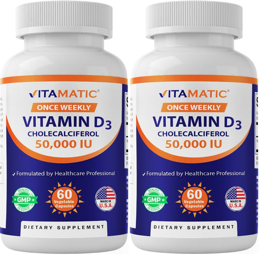 Vitamatic Vitamin D3 50.000 IE (als Cholecalciferol) – 2er-Pack mit 60 Kapseln, 1-Jahres-Vorrat