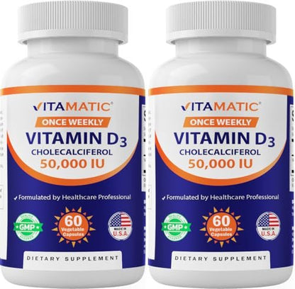 Vitamatic Vitamin D3 50.000 IE (als Cholecalciferol) – 2er-Pack mit 60 Kapseln, 1-Jahres-Vorrat