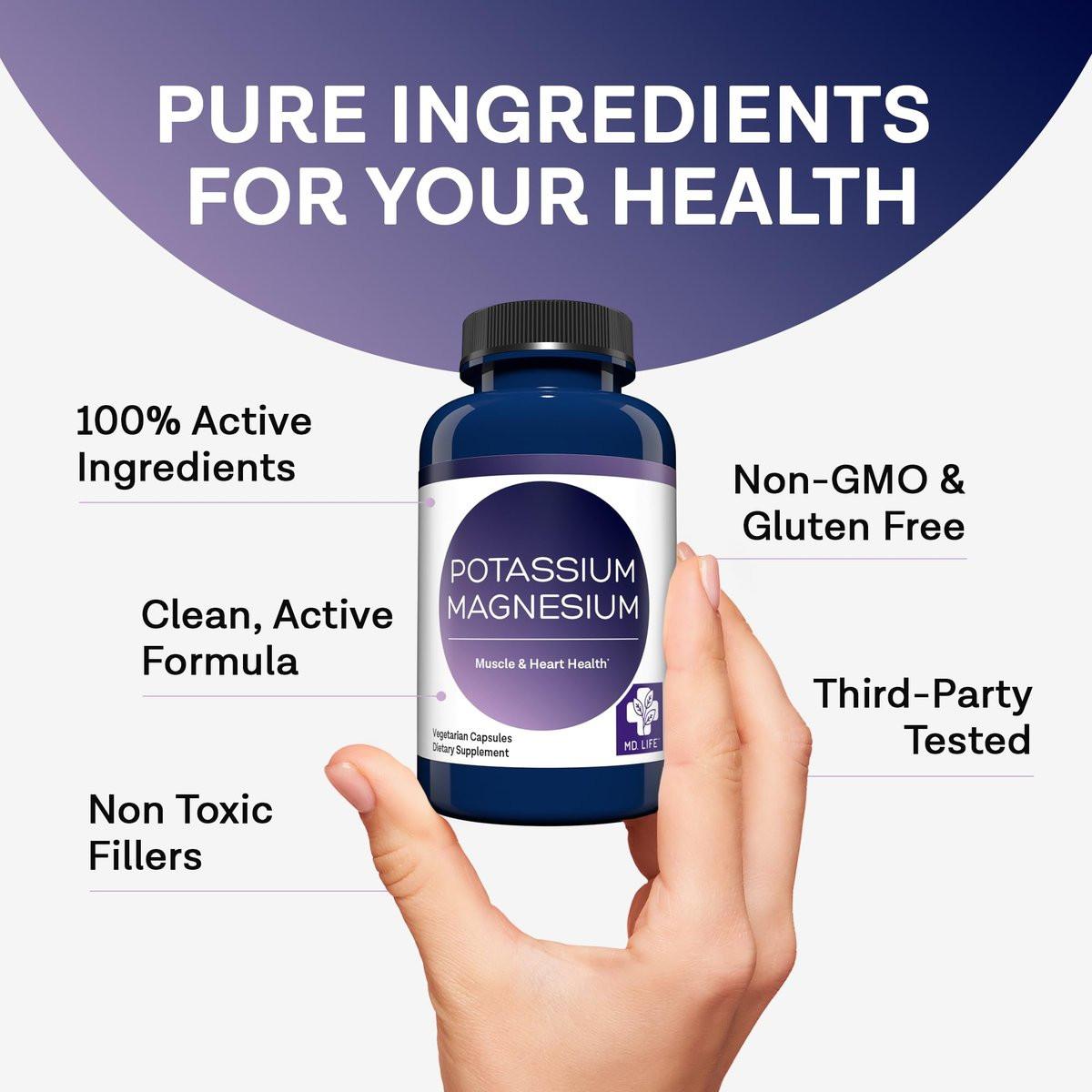 MD. Life Kalium Magnesium Komplex - 30 Kapseln - Hochabsorbierendes Magnesium zur Unterstützung der Gefäßgesundheit und gegen Wadenkrämpfe