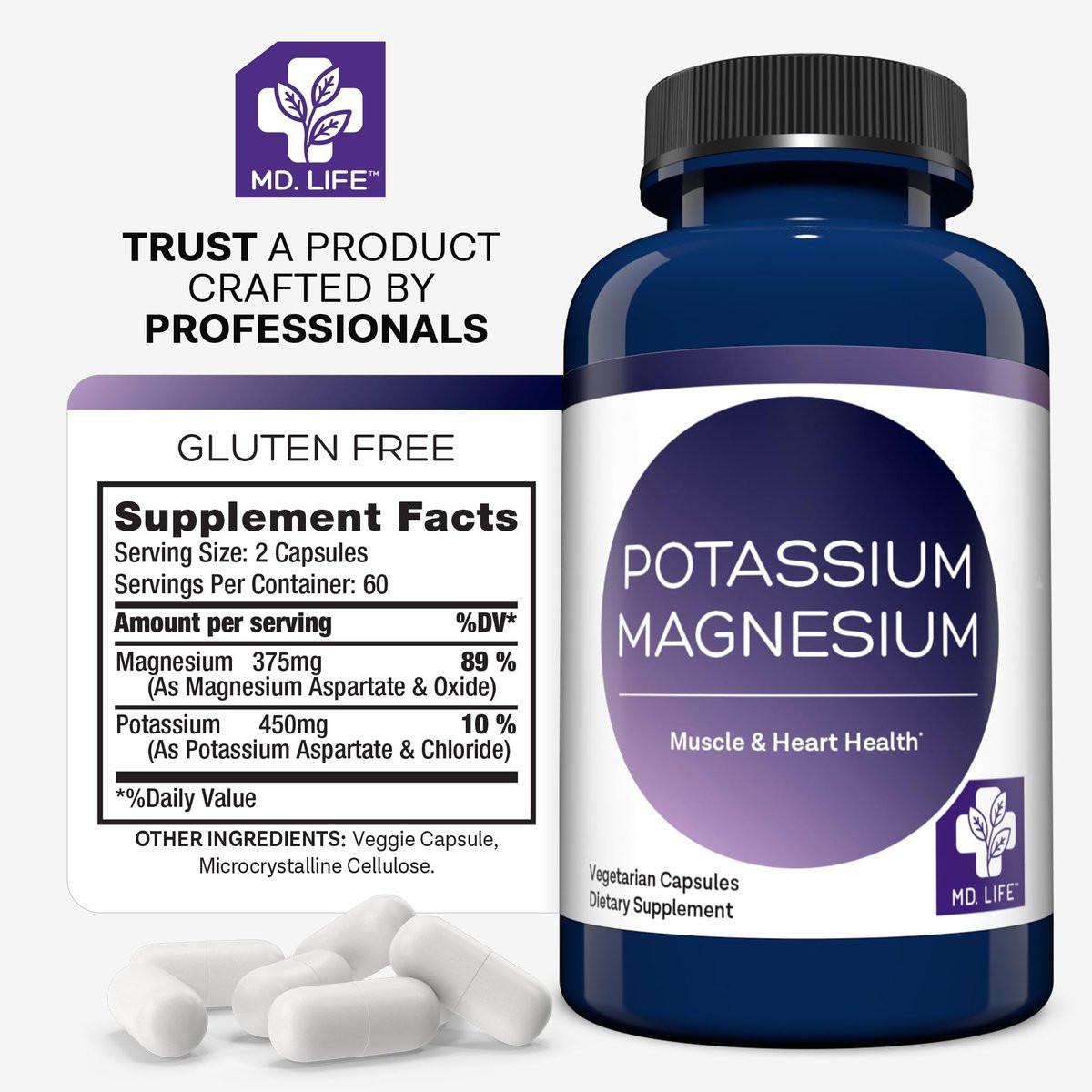 MD. Life Kalium Magnesium Komplex - 30 Kapseln - Hochabsorbierendes Magnesium zur Unterstützung der Gefäßgesundheit und gegen Wadenkrämpfe