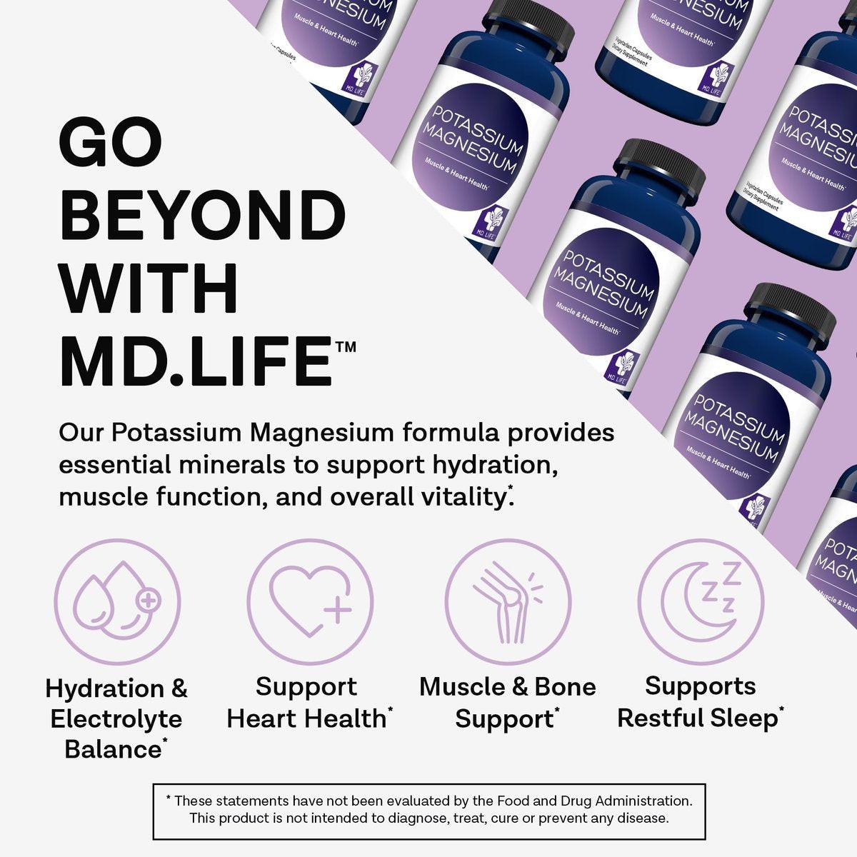 MD. Life Kalium Magnesium Komplex - 30 Kapseln - Hochabsorbierendes Magnesium zur Unterstützung der Gefäßgesundheit und gegen Wadenkrämpfe