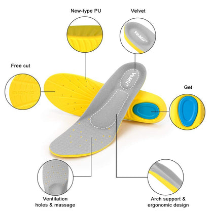 VoMii Memory Foam Einlegesohlen für Damen, Herren und Kinder – Atmungsaktive Sportschuheinlagen mit Stoßdämpfung und Fußgewölbestütze gegen Plantarfasziitis, Größe M (Herren 6-9 / Damen 7-11)
