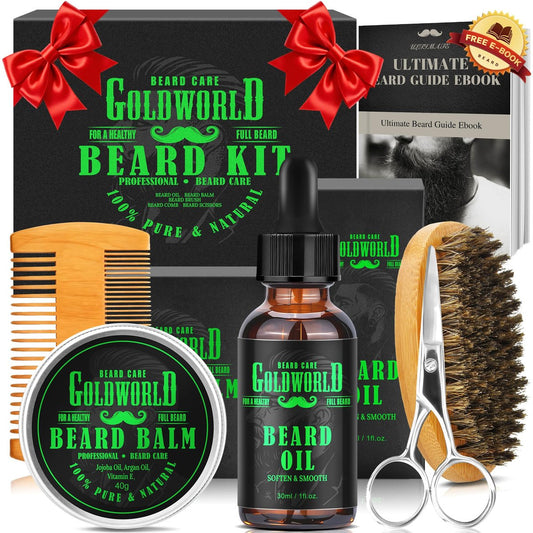 GoldWorld Bartpflegeset – 9-teiliges Set mit Bartöl, Balsam, Kamm, Bürste, Schere und E-Book – Perfektes Geschenk für Männer