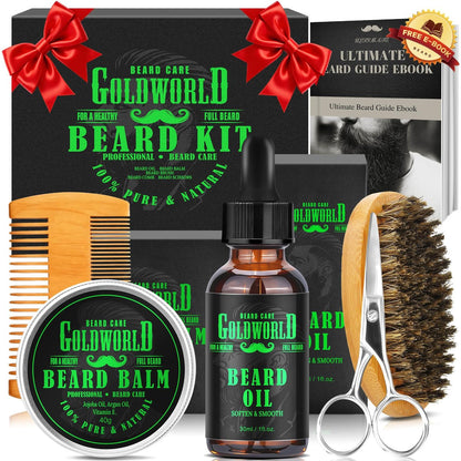 GoldWorld Bartpflegeset – 9-teiliges Set mit Bartöl, Balsam, Kamm, Bürste, Schere und E-Book – Perfektes Geschenk für Männer