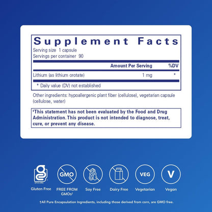 Pure Encapsulations Lithium (Orotate) 1 mg – Unterstützung für Ruhe und Ausgeglichenheit | 90 Kapseln
