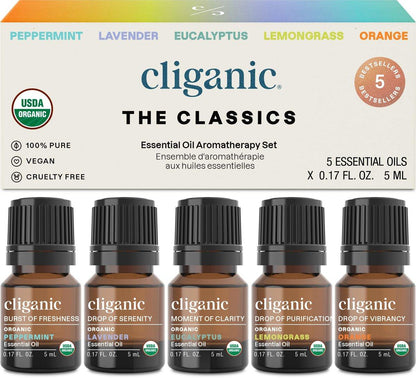 Cliganic Bio ätherische Öle Set (Top 5 - Die Klassiker) - 100% rein natürlich - Aromatherapie, Kerzenherstellung - Pfefferminze, Lavendel, Eukalyptus, Zitronengras & Orange