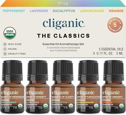 Cliganic Bio ätherische Öle Set (Top 5 - Die Klassiker) - 100% rein natürlich - Aromatherapie, Kerzenherstellung - Pfefferminze, Lavendel, Eukalyptus, Zitronengras & Orange