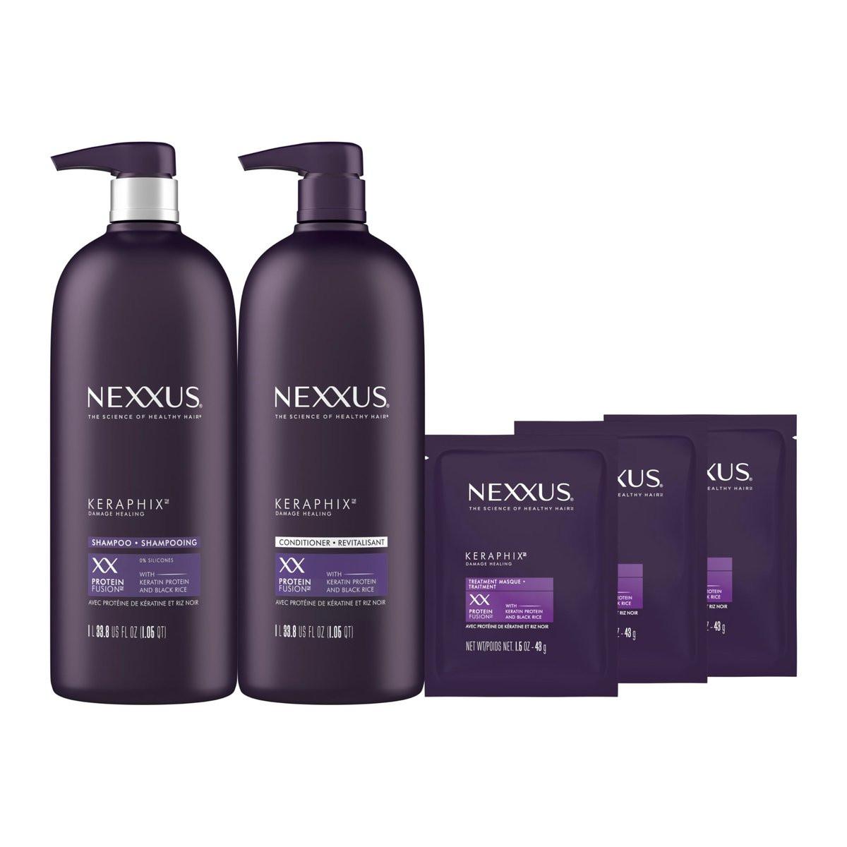 Nexxus Keraphix Shampoo und Conditioner Set mit Keratin-Protein und schwarzem Reis – Pflegesystem für geschädigtes Haar – 2 Flaschen + 3 Repair-Masken, 33,8 oz + 1,5 oz, 5-teilig