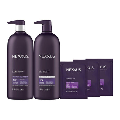 Nexxus Keraphix Shampoo und Conditioner Set mit Keratin-Protein und schwarzem Reis – Pflegesystem für geschädigtes Haar – 2 Flaschen + 3 Repair-Masken, 33,8 oz + 1,5 oz, 5-teilig