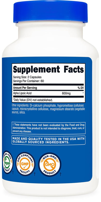 Nutricost Alpha-Liponsäure 600 mg pro Portion, 120 Kapseln, 60 Portionen - Pflanzliche Kapseln, Nicht-GMO