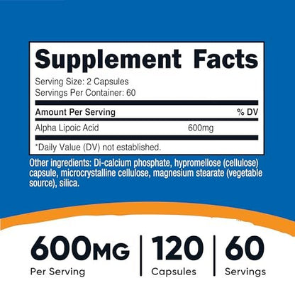 Nutricost Alpha-Liponsäure 600 mg pro Portion, 120 Kapseln, 60 Portionen - Pflanzliche Kapseln, Nicht-GMO