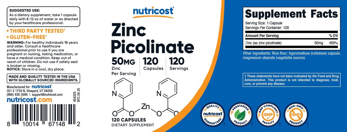 Nutricost Zinkpicolinat 50mg, 120 vegane Kapseln – glutenfrei & nicht-GVO