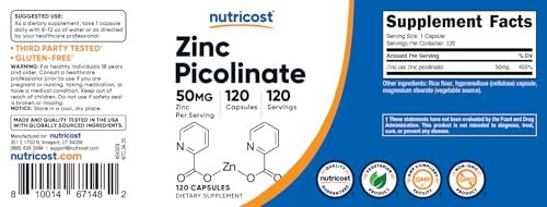 Nutricost Zinkpicolinat 50mg, 120 vegane Kapseln – glutenfrei & nicht-GVO