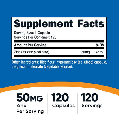 Nutricost Zinkpicolinat 50mg, 120 vegane Kapseln – glutenfrei & nicht-GVO