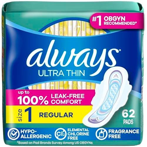 Always Ultra Dünne Damenbinden mit Flügeln, Größe 1, Reguläre Saugfähigkeit, Unparfümiert, Bis zu 100 % auslaufsicherer Schutz, 62 Stück