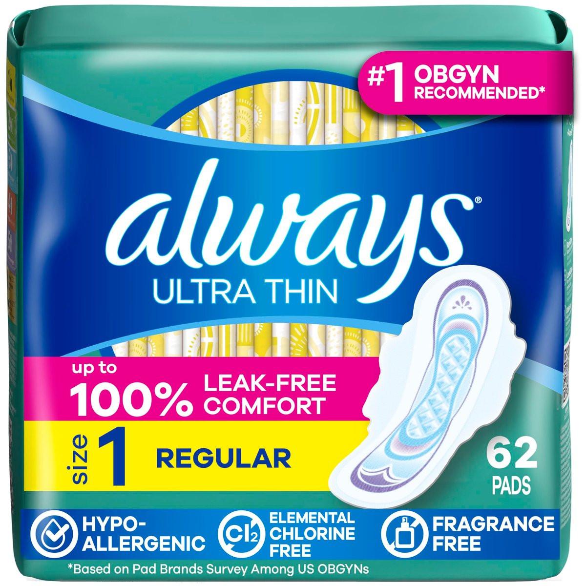 Always Ultra Dünne Damenbinden mit Flügeln, Größe 1, Reguläre Saugfähigkeit, Unparfümiert, Bis zu 100 % auslaufsicherer Schutz, 62 Stück