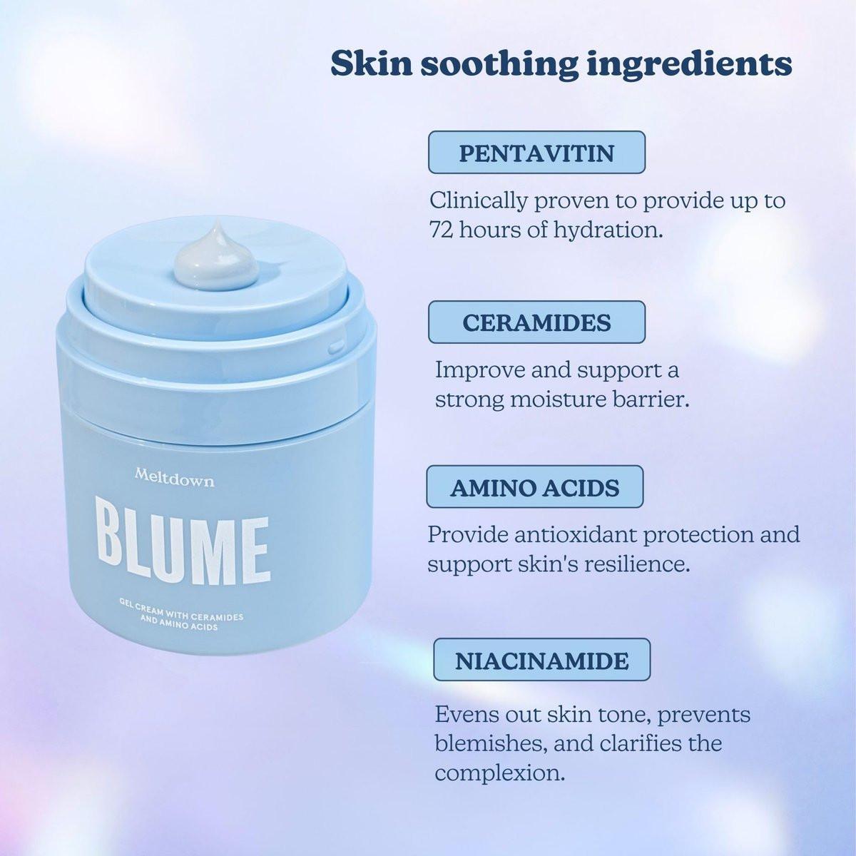 Blume Meltdown Gel-Gesichtsfeuchtigkeitscreme für zu Akne neigende Haut – Ölfreie Feuchtigkeitspflege mit Niacinamid & Centella für einen ebenmäßigen Hautton – 72-Stunden-Feuchtigkeitscreme mit Ceramiden & Squalan (1,7 oz)