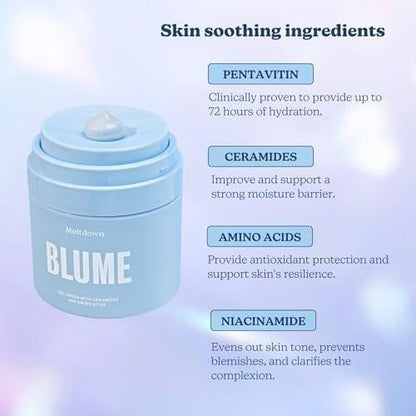 Blume Meltdown Gel-Gesichtsfeuchtigkeitscreme für zu Akne neigende Haut – Ölfreie Feuchtigkeitspflege mit Niacinamid & Centella für einen ebenmäßigen Hautton – 72-Stunden-Feuchtigkeitscreme mit Ceramiden & Squalan (1,7 oz)