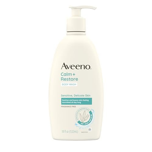 Aveeno Calm + Restore Tägliches Duschgel für empfindliche, zarte Haut, sanfter Reiniger mit Hafer, Aloe & Pro-Vitamin B5, beruhigt und pflegt die Haut, duftfrei, 532 ml