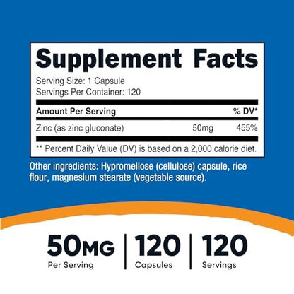 Nutricost Zinkgluconat 120 Vegane Kapseln (50 mg) – Glutenfrei & Nicht-GVO