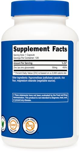 Nutricost Zinkgluconat 120 Vegane Kapseln (50 mg) – Glutenfrei & Nicht-GVO