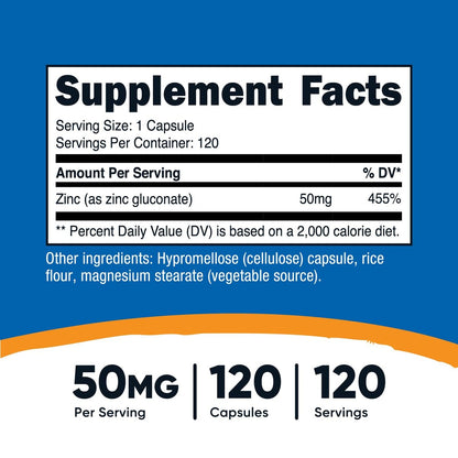 Nutricost Zinkgluconat 120 Vegane Kapseln (50 mg) – Glutenfrei & Nicht-GVO
