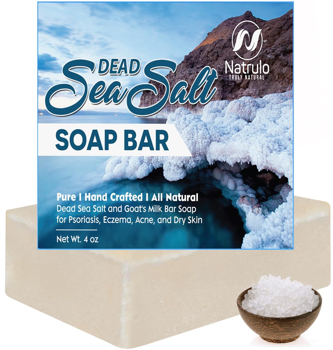 Natrulo Dead Sea Salz Seife Bar für Gesicht & Körper, 113 g – Reine Bio-Allnatur-Ziegenmilchseife bei Psoriasis, Ekzem, Akne, trockener Haut – Reinigend, Peeling, aufhellend, glättend, pflegend