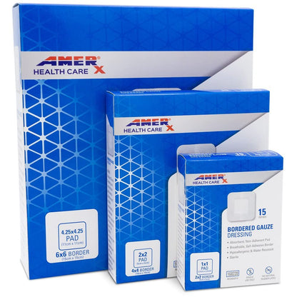 AMERX Bordered Gauze 2" x 2" Dressing (1x1 Pad) - Selbstklebende Wundauflagen, wasserabweisend, atmungsaktiv, hypoallergen - 15 Pads pro Box