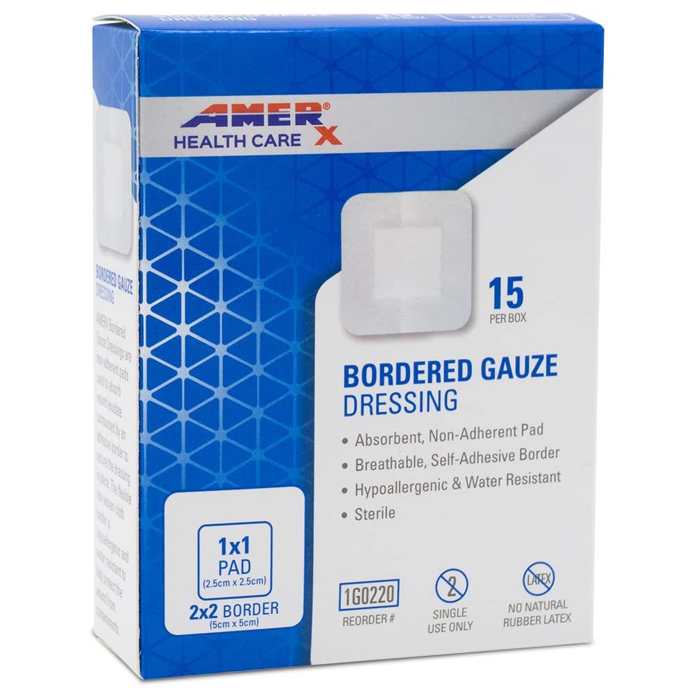 AMERX Bordered Gauze 2" x 2" Dressing (1x1 Pad) - Selbstklebende Wundauflagen, wasserabweisend, atmungsaktiv, hypoallergen - 15 Pads pro Box