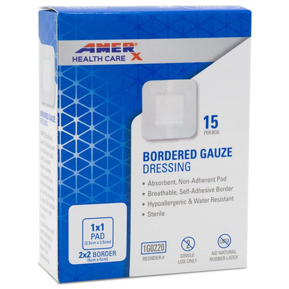 AMERX Bordered Gauze 2" x 2" Dressing (1x1 Pad) - Selbstklebende Wundauflagen, wasserabweisend, atmungsaktiv, hypoallergen - 15 Pads pro Box