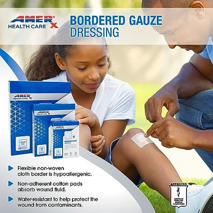 AMERX Bordered Gauze 2" x 2" Dressing (1x1 Pad) - Selbstklebende Wundauflagen, wasserabweisend, atmungsaktiv, hypoallergen - 15 Pads pro Box
