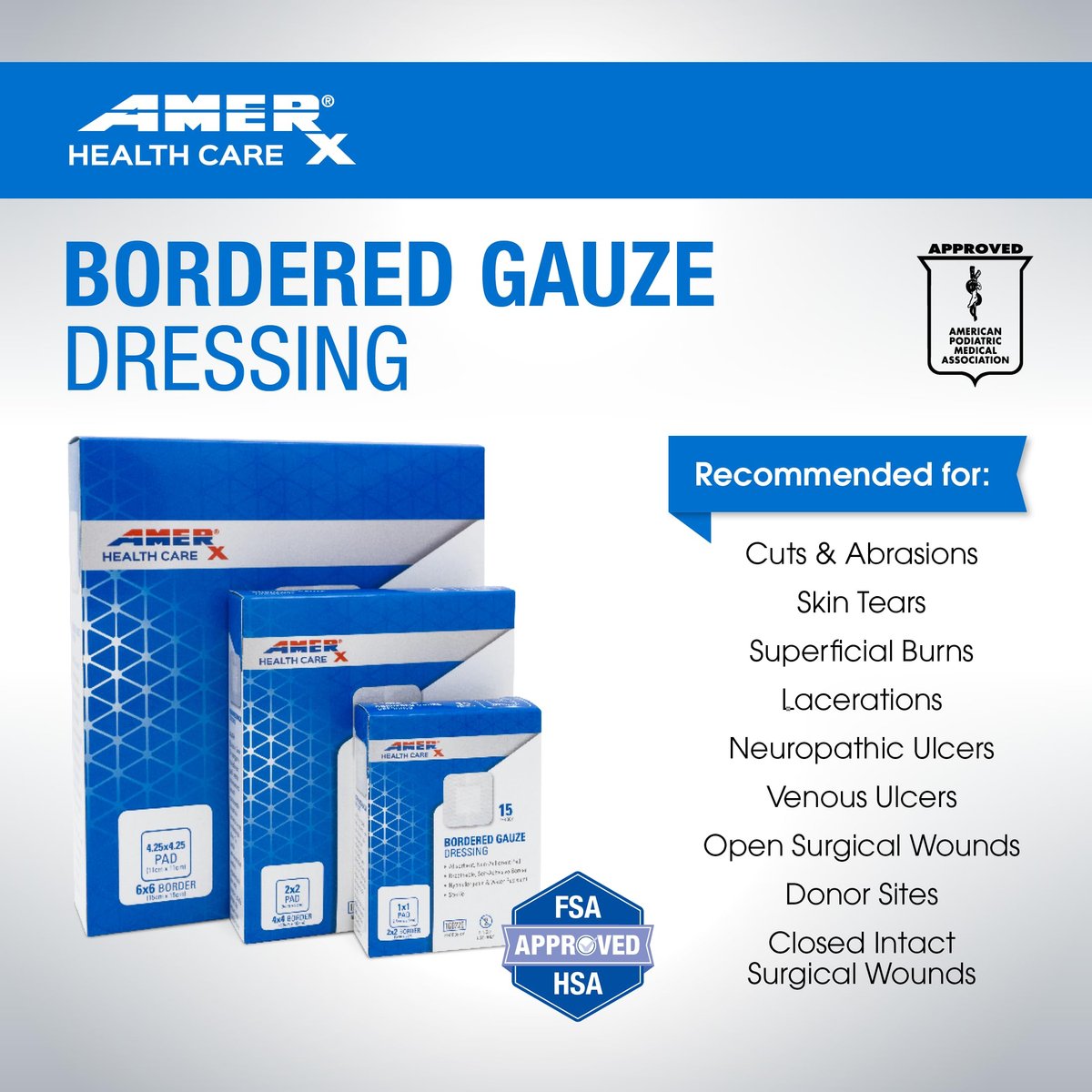 AMERX Bordered Gauze 2" x 2" Dressing (1x1 Pad) - Selbstklebende Wundauflagen, wasserabweisend, atmungsaktiv, hypoallergen - 15 Pads pro Box