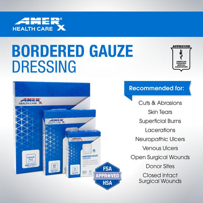 AMERX Bordered Gauze 2" x 2" Dressing (1x1 Pad) - Selbstklebende Wundauflagen, wasserabweisend, atmungsaktiv, hypoallergen - 15 Pads pro Box
