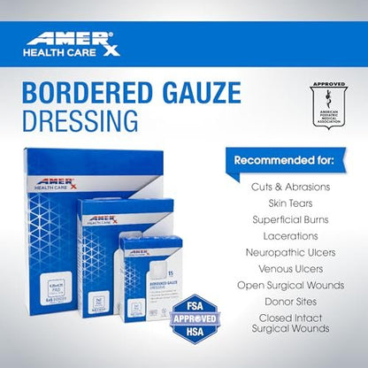 AMERX Bordered Gauze 2" x 2" Dressing (1x1 Pad) - Selbstklebende Wundauflagen, wasserabweisend, atmungsaktiv, hypoallergen - 15 Pads pro Box